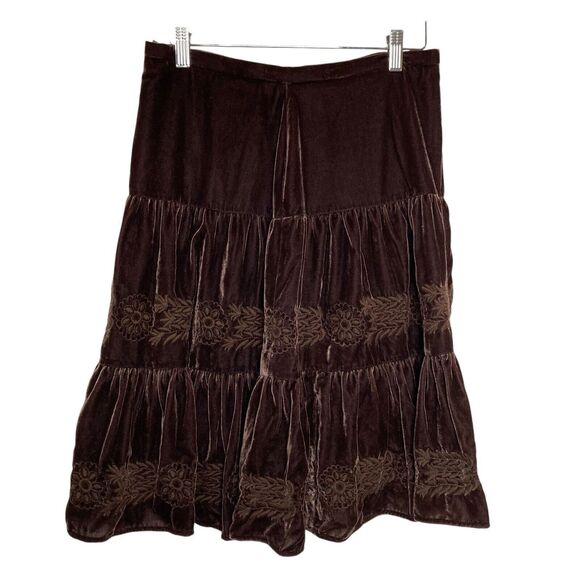 BCBGMaxAzria 90s Tiered Velvet Peasant Skirt Size 2 Brown Rayon Silk Boho - Picture 2 of 11